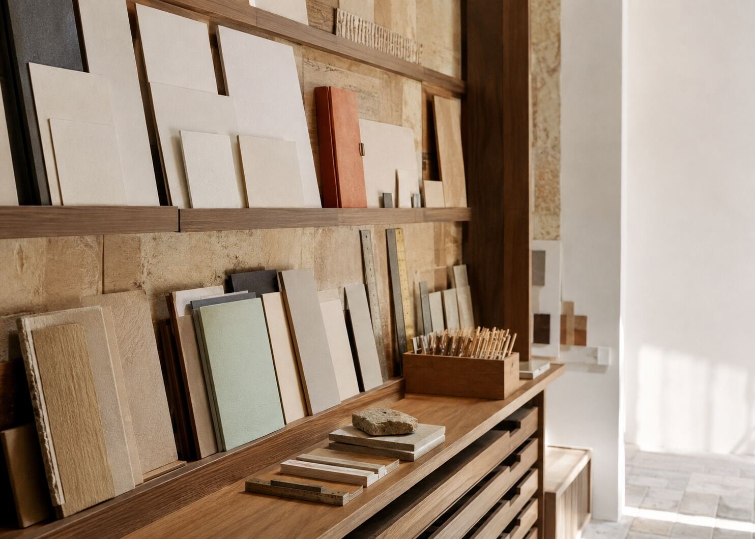 Sunlit studio wall with blank paper modules, rulers, and material samples