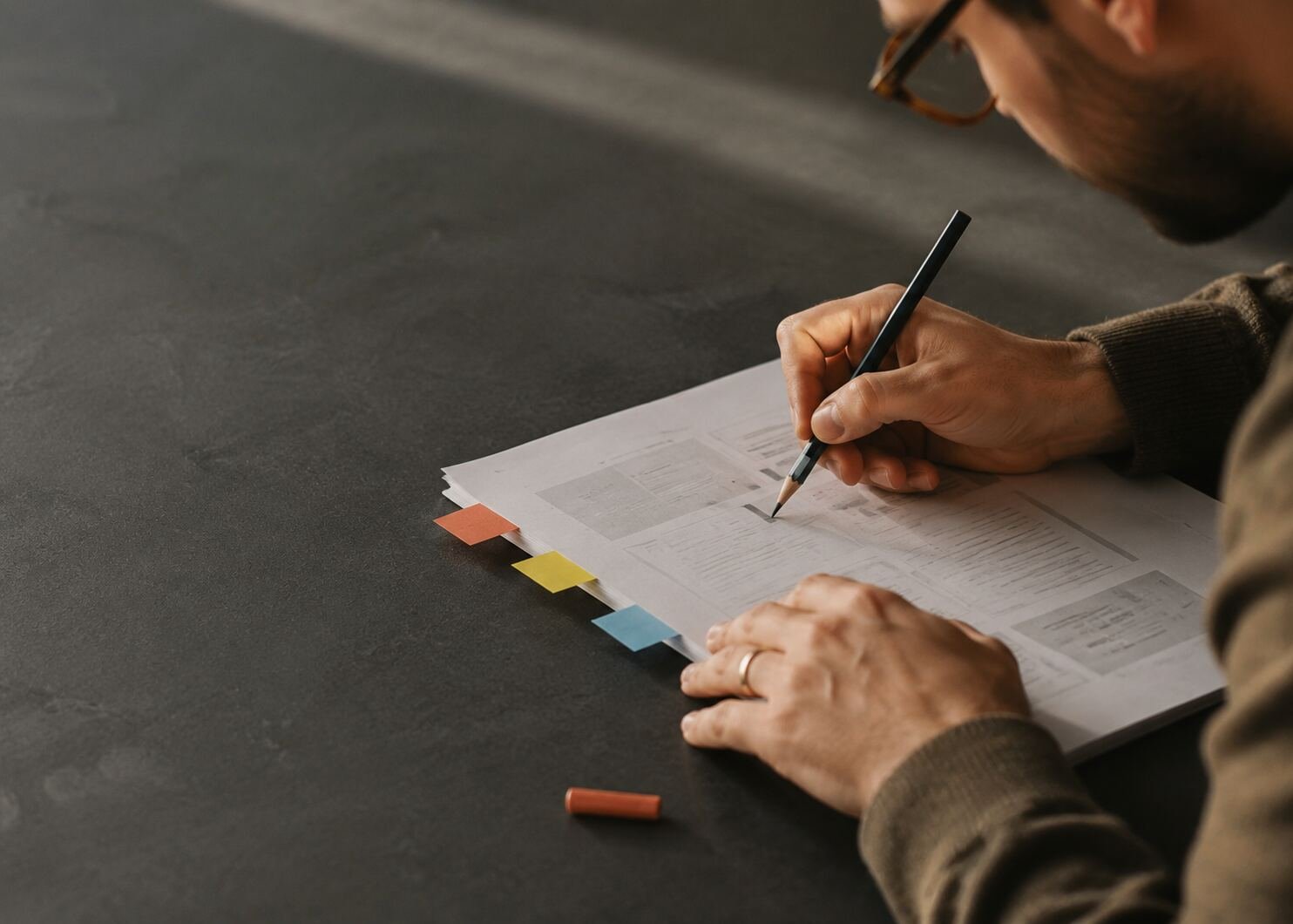 Designer marking a printed interface proof with a graphite pencil and colored tabs