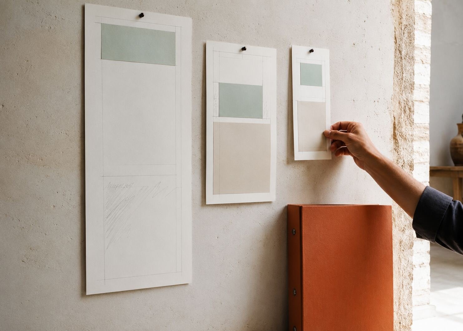 Designer adjusting blank paper layouts in three different proportions on a studio wall